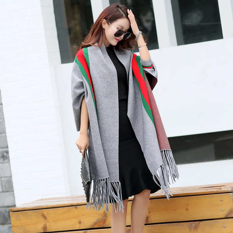 

Cape shawl scarf thickened autumn and winter women's cashmere cape coat with sleeve long double face