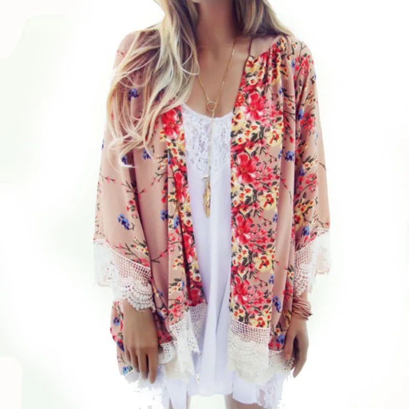

Vintage Chiffon Blouse Women Kimono Cardigan Printed Fringed Hem Lace Shawl Oversized Tops blusas mujer de moda New