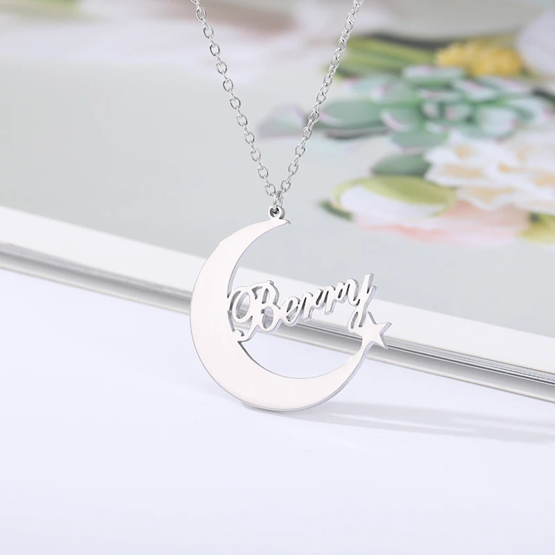 

Stars&Moon Custom Name Necklace For Women Rose Stainless Steel Nameplate Long Chain Jewelry Best friend gift