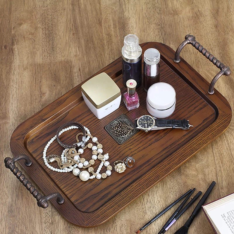 

Поднос из массива дерева, прямоугольная металлическая ручка, домашний Американский простой поднос для хранения овощей, тортов, хлеба, фруктов, семейный поднос