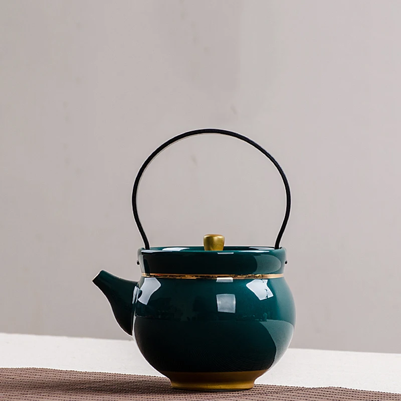 

245ml Creative Porcelain Teapot Green Underglaze Gold Plated Top-handle Pot Office Kung Fu Tea Set Drinkware Coffee Milk Kettles