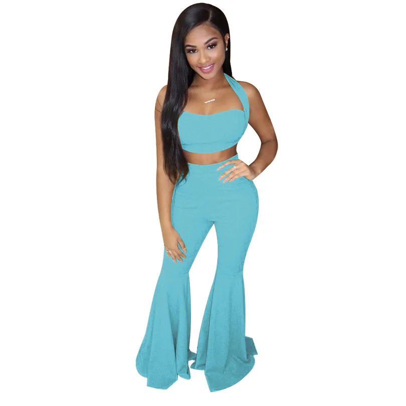New Women halter neck short crop top wide leg pants suit two piece set fashion club party night tracksuit outfit 3 color | Женская
