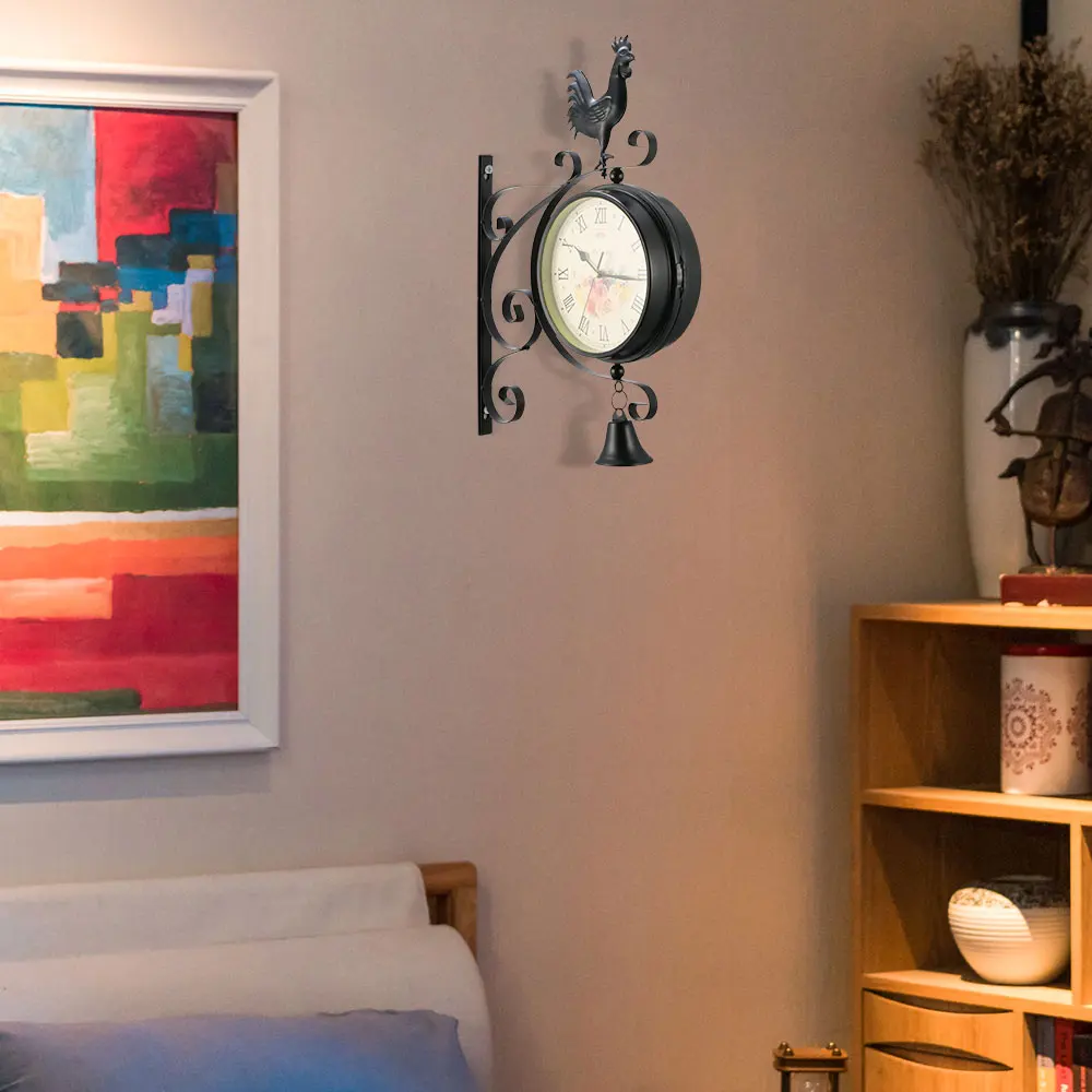 Часы настенные в стиле ретро двухсторонние круглые часы с железным петухом