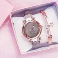 ladies leather watch set rhinestone casual romantic starry sky stylist simple quartz watch 2 piece set gfit dress