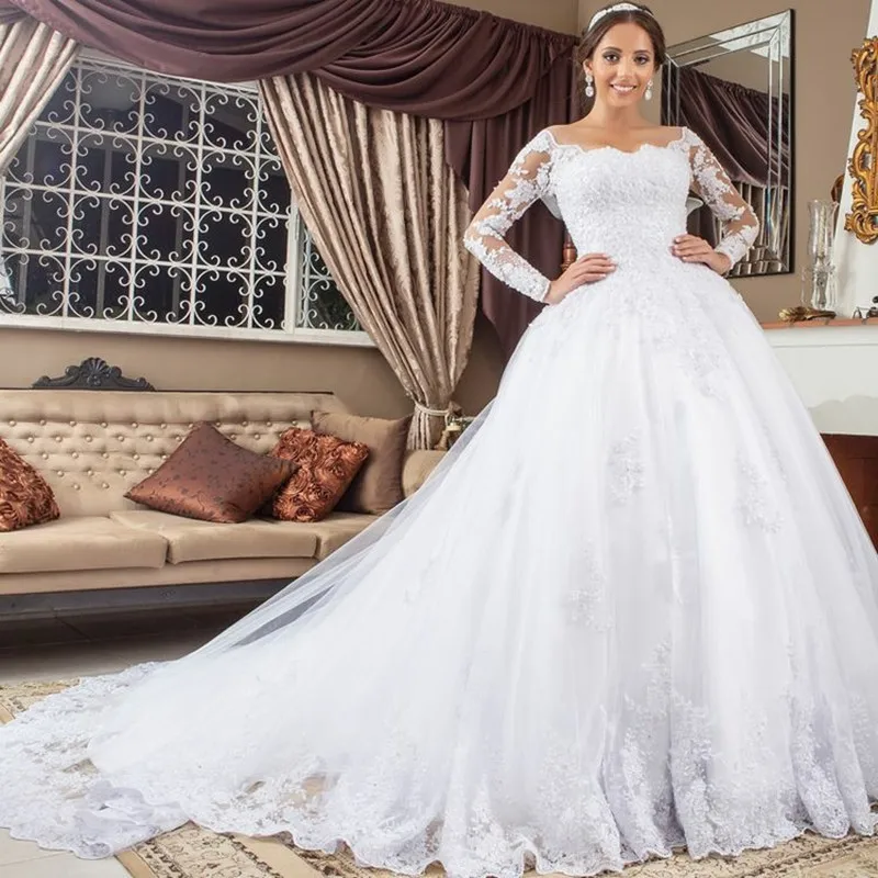

Vintage A Line Wedding Dresses for Women Long Sleeves Lace Applique Formal Banquet Gowns Buttons Back Tulle Vestidos De Novia
