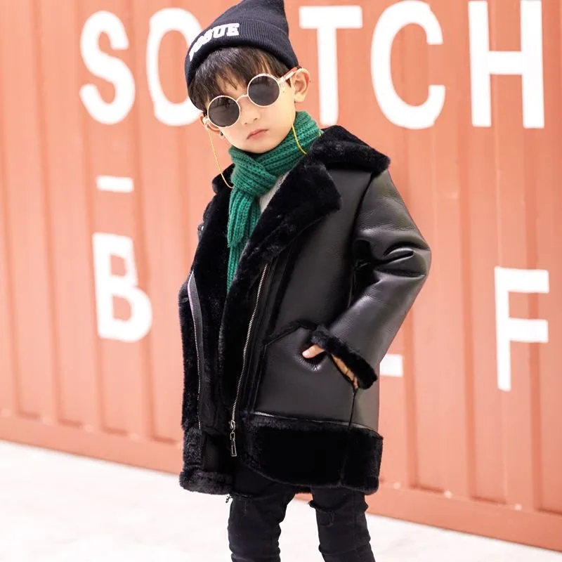 Boys& Girls Plus Velvet Leather Jacket Winter Coat New Fur one Thick Warm Pu Leather Jackets For 2-13T Children