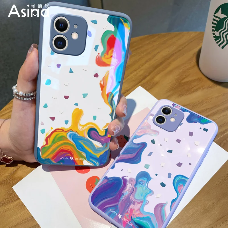 

ASINA Original Liquid Silicone Tempered Glass Case for iPhone 11 12 Pro Max 12Mini XS XR X Cartoon Cover For iPhone 6 7 8 Plus