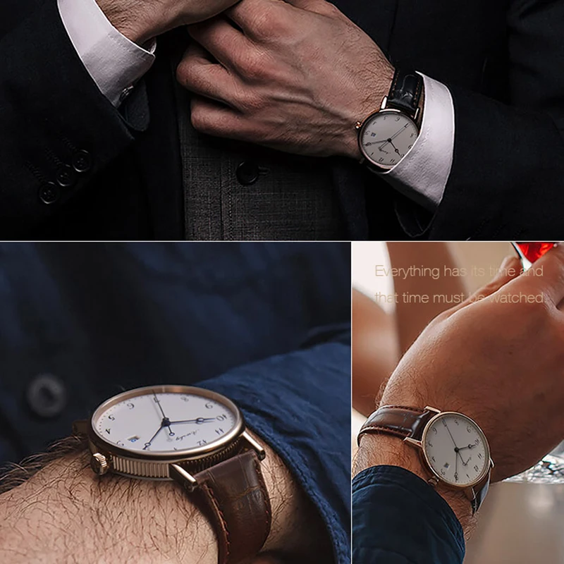 

38.5mm Ultra-thin Fashion Business Mechanical Men Watches Sapphire Crystal 30m Waterproof Enamel Dial Automatic Men's Wristwatch