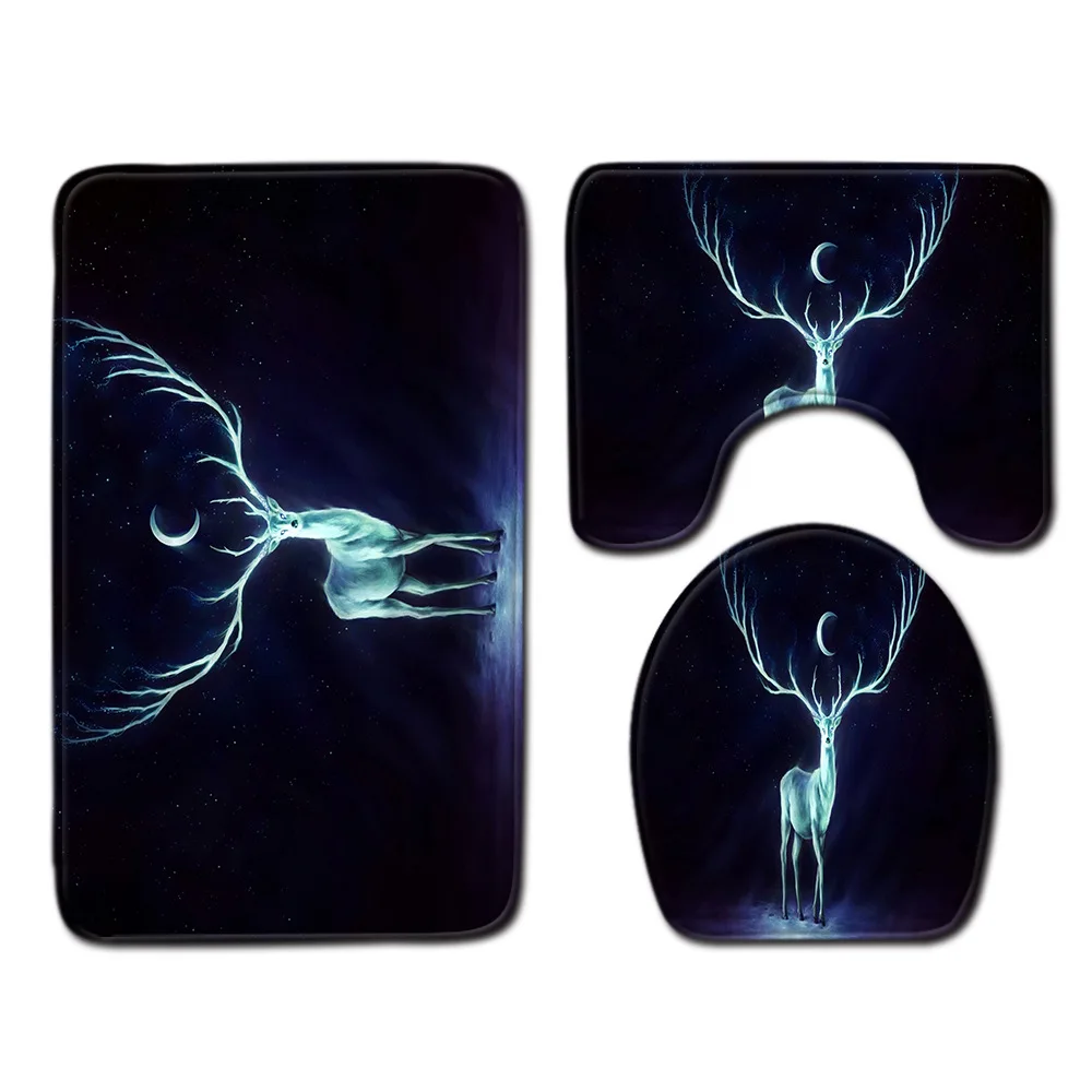 

3pcs/set Anti-slip Bathroom Floor Mat Set Home Decor Shower Velvet Toilet Cover Bath Door Carpet Mats and Rugs Black Deer
