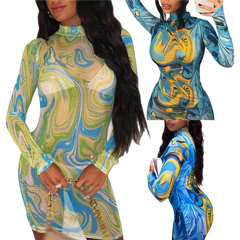 

Women See-through Mesh Dress Adults Color Block Abstract Print Round Neck Long Sleeve Dress