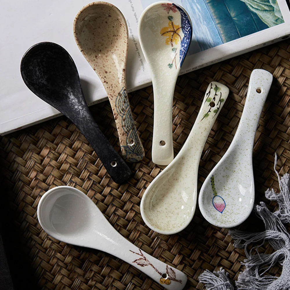 

6pcs Japanese Style Ceramic Spoons Soup Spoons Rice Spoons (Assorted Color)