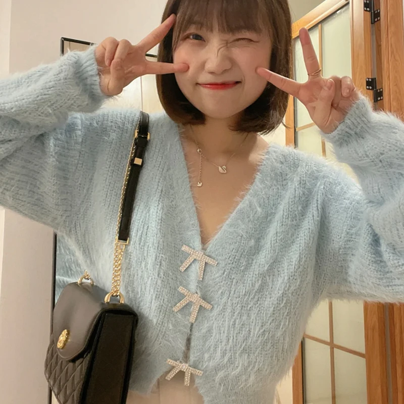 

French sweet and gentle wind cardigan bowknot diamond buckle thin mohair short knit sweater