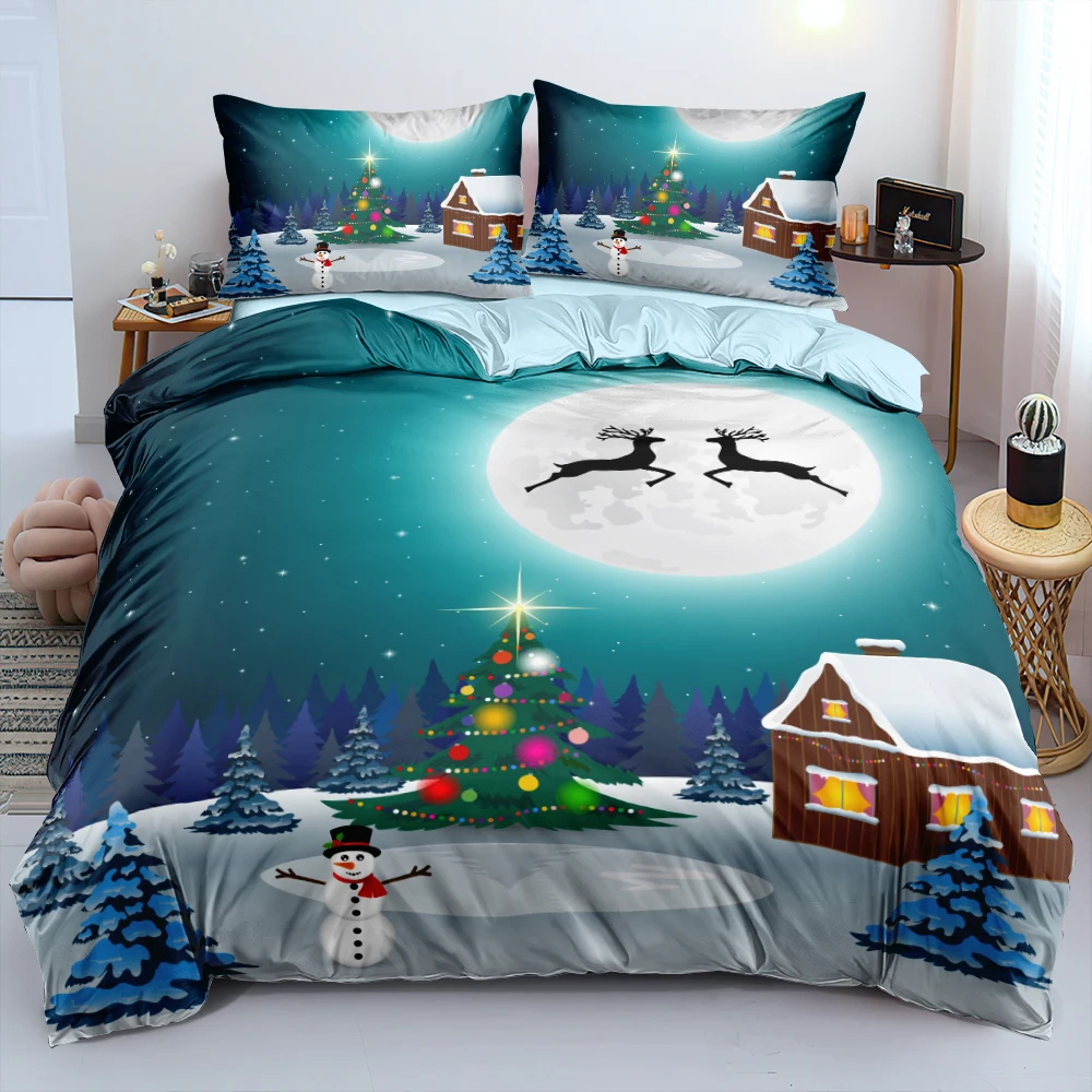 

3D Duvet Cover and Pillowcase(s) Set Christmas Deer Blue King/Queen Quilt/Comforter Covers Bedding Sets Bed Linens Bed Textiles