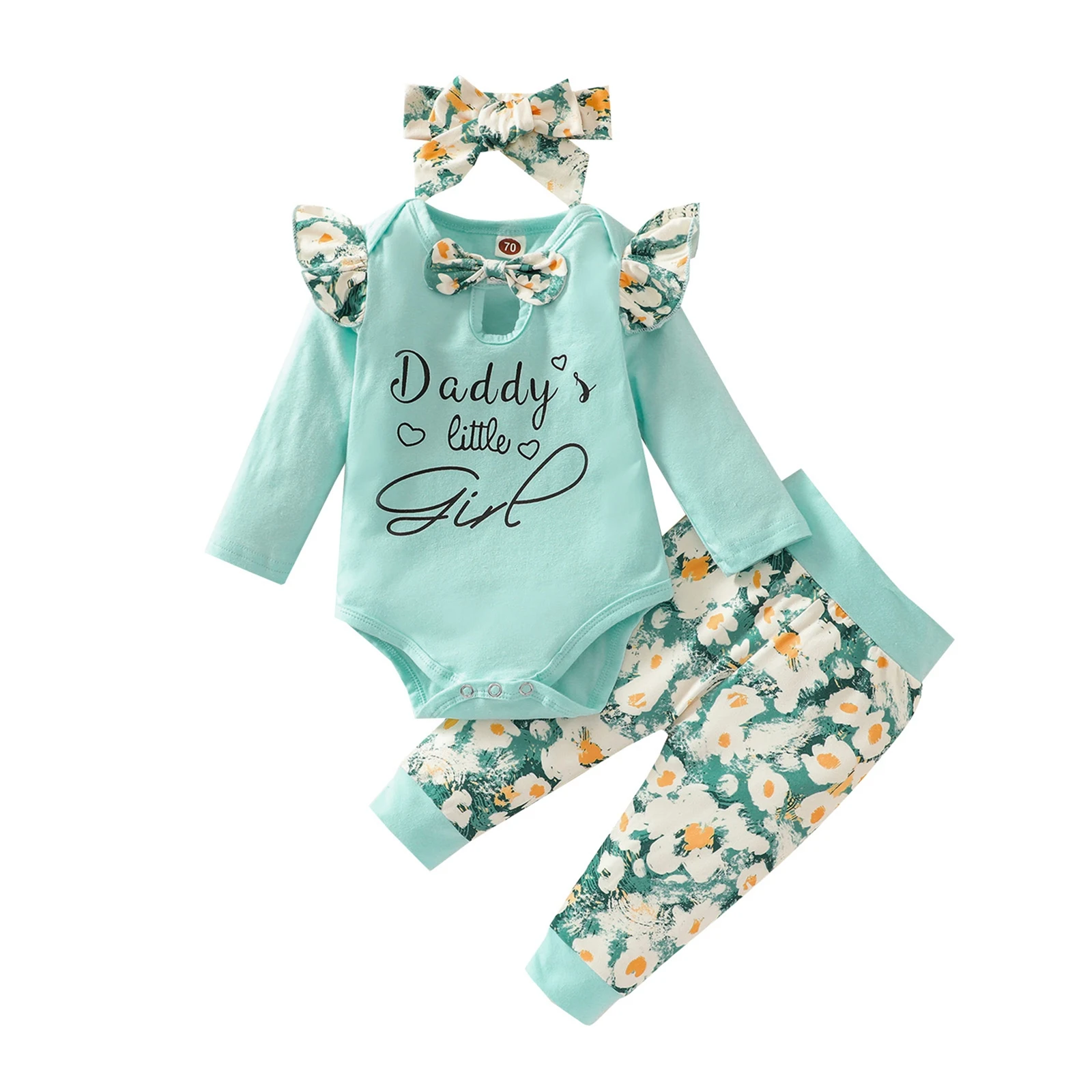 

Newest 3Pcs Baby Girls Outfit, Bow Tie Long Sleeve Hollow Round Collar Letter Romper + Floral Printing Long Pants + Headwear Set