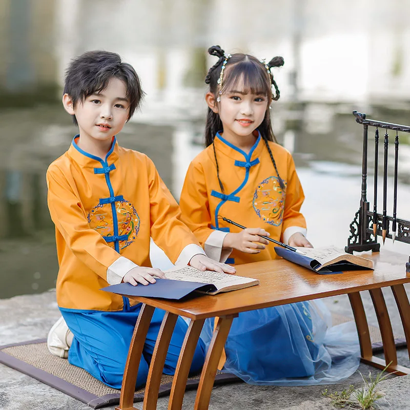 

Boys Chinese National Style Sets Spring T-Shirt+Pants 2PCS Children Traditional Girls Tang Dynasty Hanfu Retro Cute Costumes