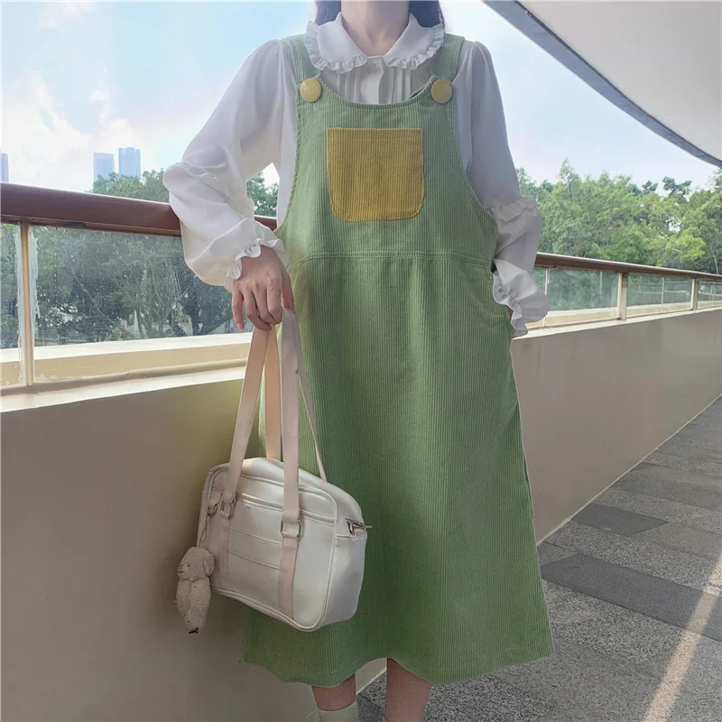 

Japanese College Style Sweety Soft Girl Vest Dress Kawaii Square Collar Sleeveless Color Contrast Pocket Corduroy Camisole Dress