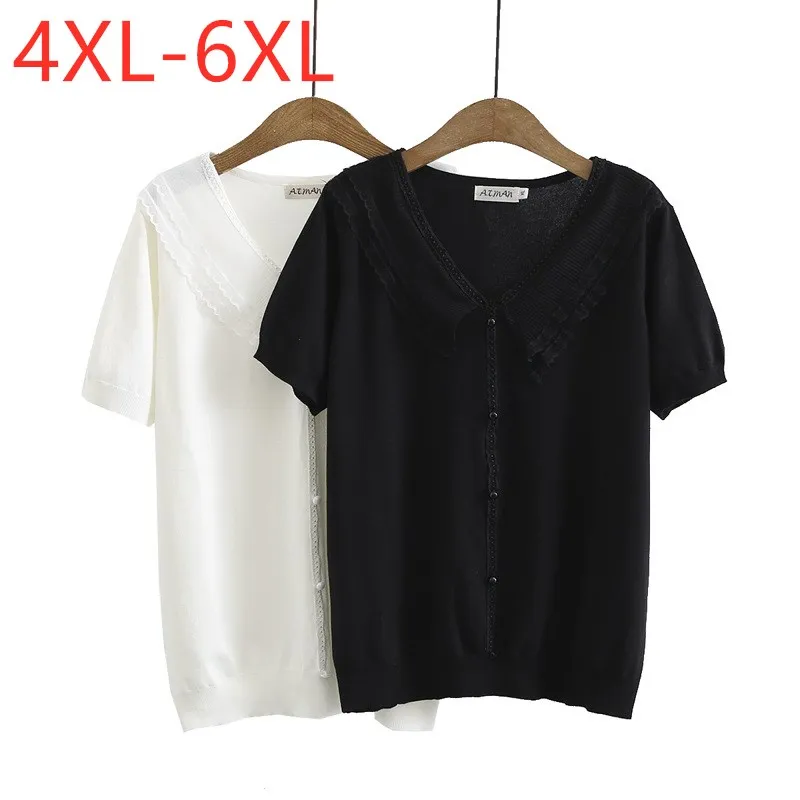 

New 2021 Ladies Summer Plus Size Knit Tops For Women Large Blouse Short Sleeve Slim Lace Elastic Black V-neck Shirt 4XL 5XL 6XL
