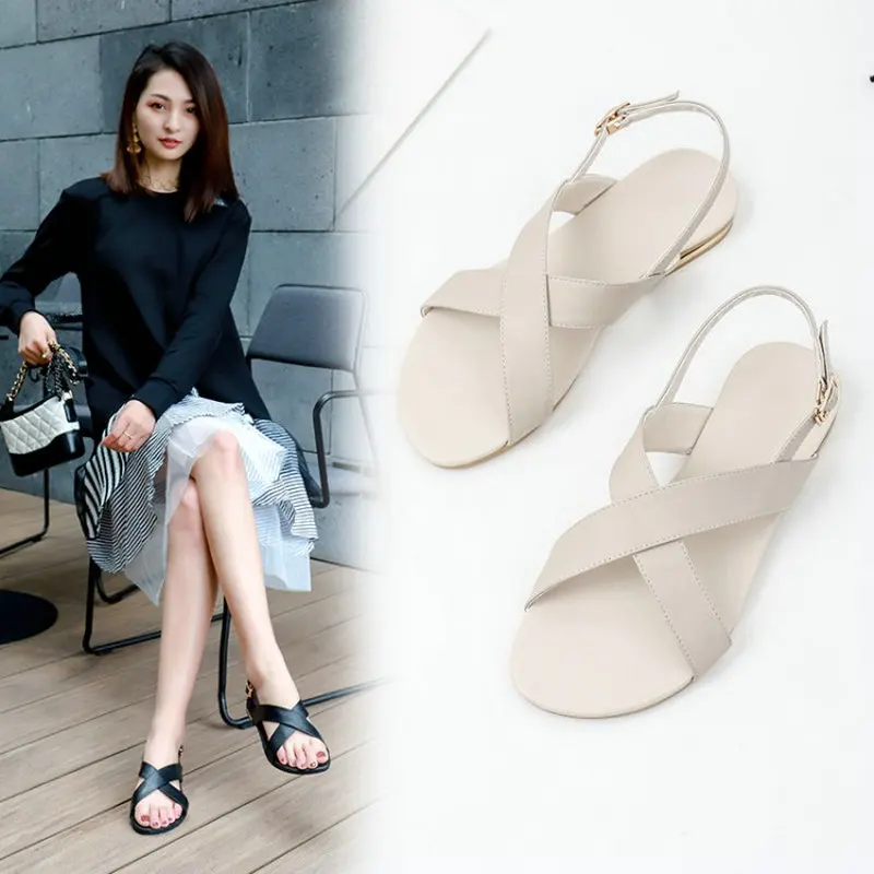 ZawsThia 2020 Summer Genuine Leather Cross Strap Slingback Sandals Woman Caual Flats Shoes Black Women Big Size 44 45 46 | Обувь