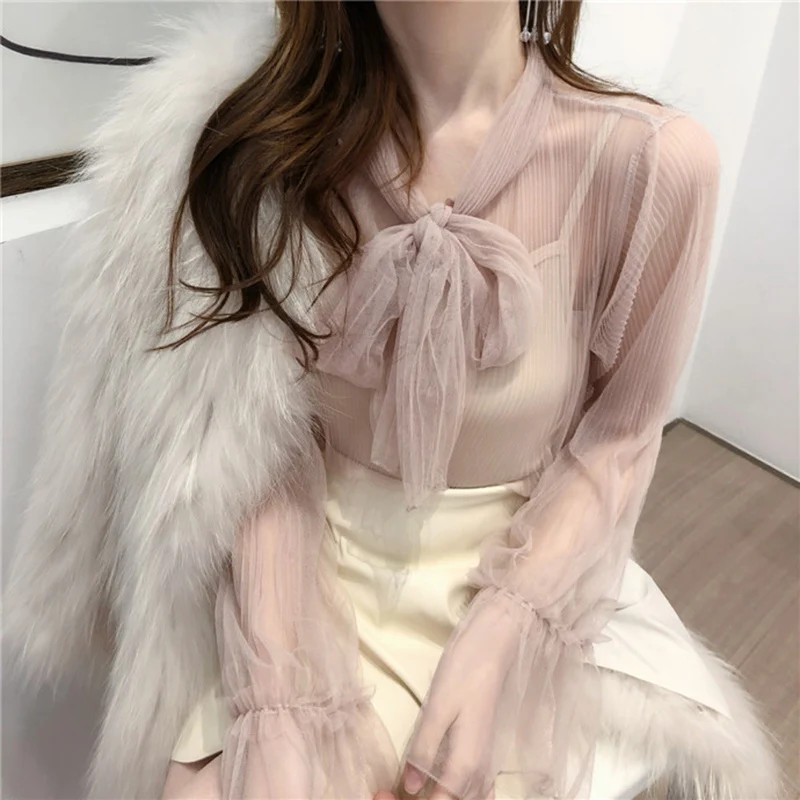 

Autumn Women Solid Color Mesh Perspective Blouses Flare Sleeve Thin Shirt Ladies Clothes Blouses