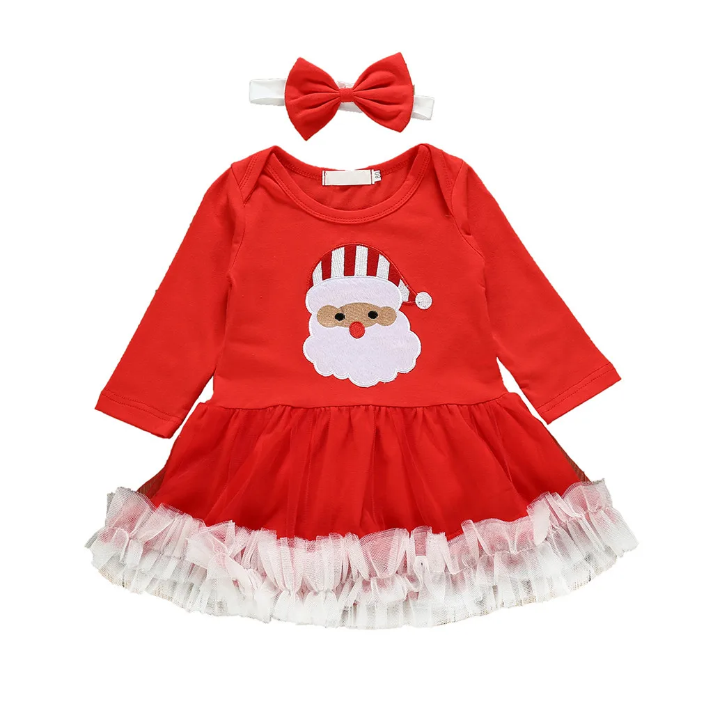 cute christmas dress girl set Newborn Baby Christmas Santa Cartoon long sleeve Pullover Ruffle Lace Dress Nice Outfits | Детская одежда