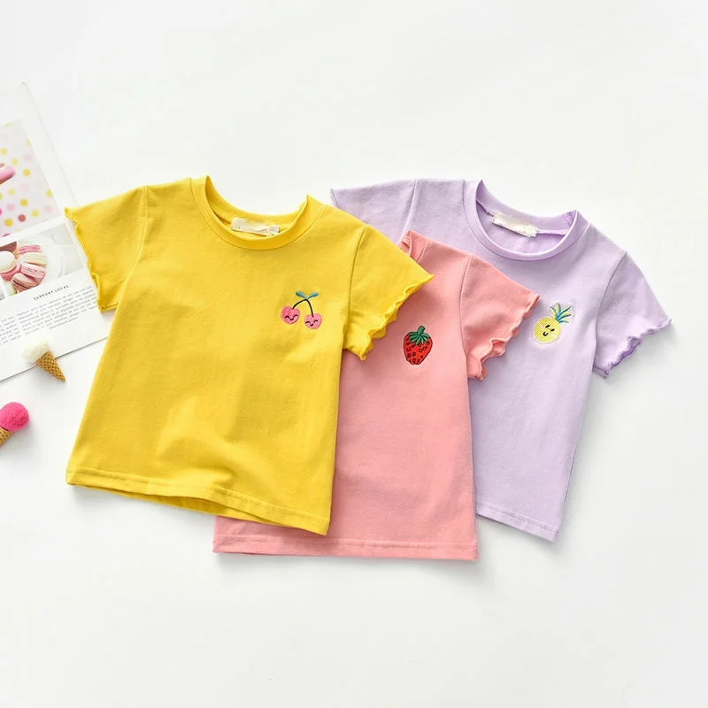

Хлопковые футболки с вышивкой фруктов для девочек, Летний Новый дизайн 2021, однотонные корейские Повседневные детские футболки с коротким р...
