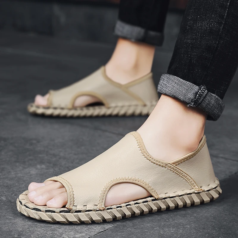 

Hot Sale Sandals Men Soft Sewing Leather Beach Slides Comfortable Walking Slippers Male Casual Sandalias Masculinas