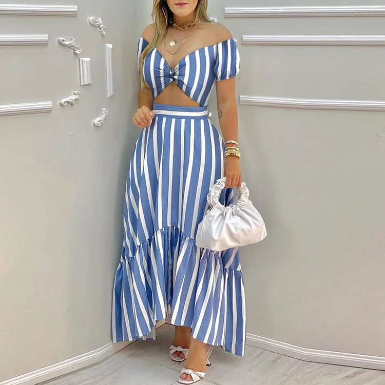 

sexy one-shoulder striped skirt suit women summer 2021 new fashion Two-piece suit