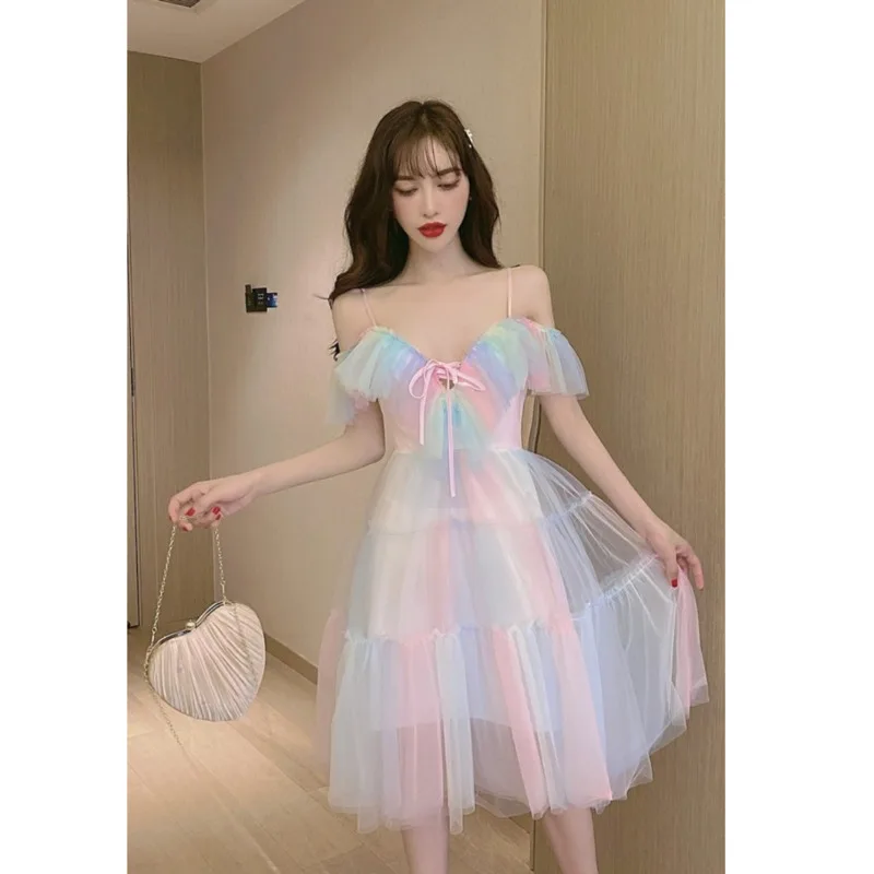 

2021 Summer Rainbow Dress Women New V-neck Off Shoulder French Suspender Fairy Long Dress Party Chiffon Sexy Dresses Vestido