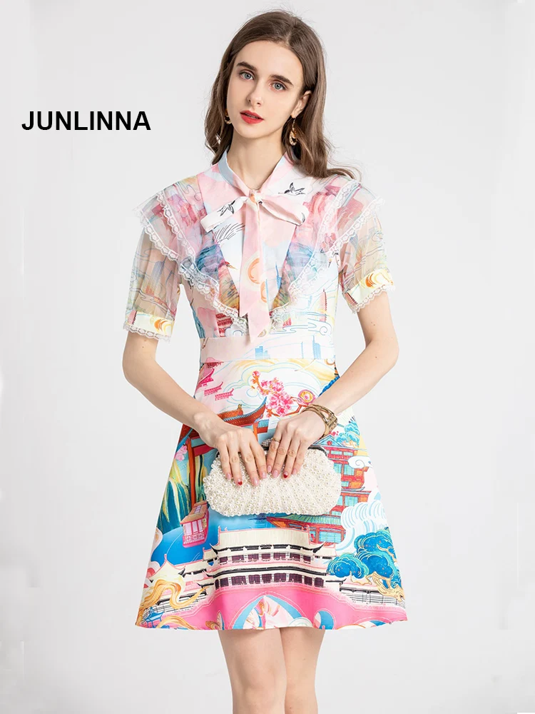 

JUNLINNA Women Empire Dress Summer New Lace Panelled Printed Vestidos Stand Collar with Bow Waist-closing Sliming Dresses