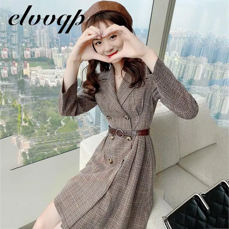 

Женское повседневное офисное платье, клетчатое двубортное дизайнерское модное облегающее платье-трапеция с отложным воротником, элегантное деловое платье с длинным рукавом, Новинка