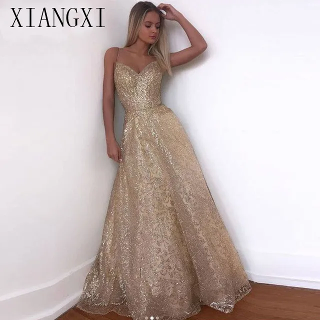 

2020 New Arrival Sexy V Neck Sequined Champagne Gold Long Cheap Evening Dress Sheer Back Formal Dress Robe de soiree longue