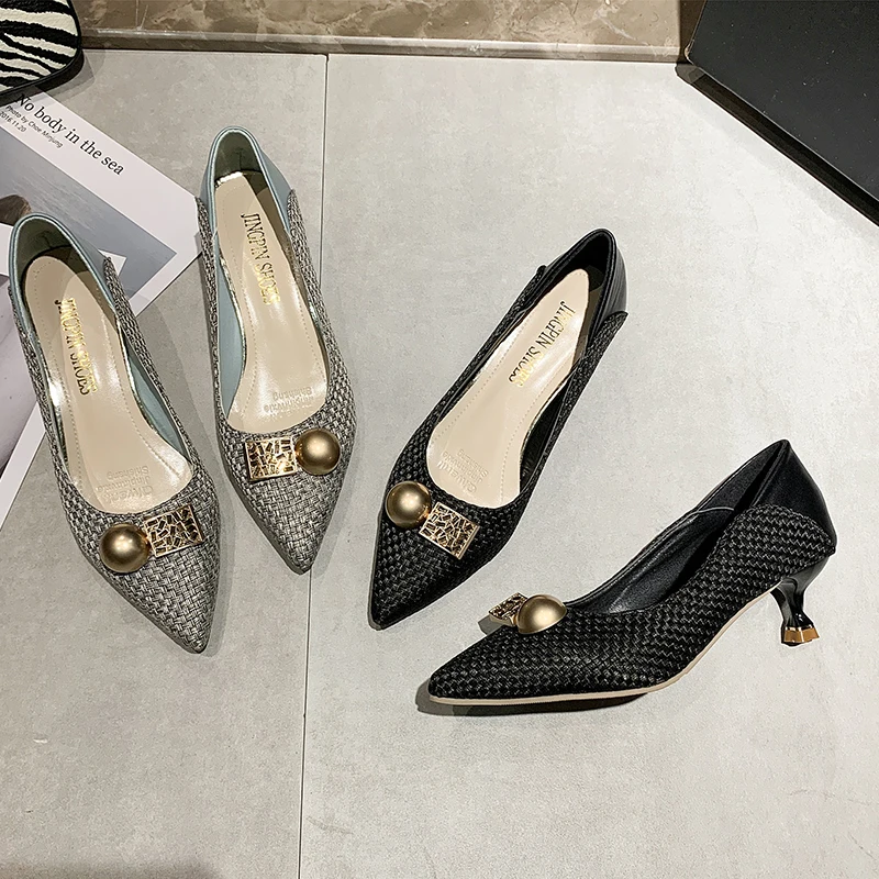 

Velvet Shoes Women Beige High Heels Shallow Mouth Slip On All-Match Lace-Up Branded Pumps 2021 Pointed Wedge Sandals Ladies 12cm