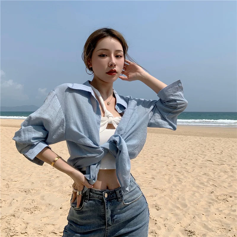

Summer Beach Shirt Sexy Tunic for Beach 2021 New Long Sleeve Solid Pocket Sun Protection Blouse Top Korean Style Loose Thin Tops