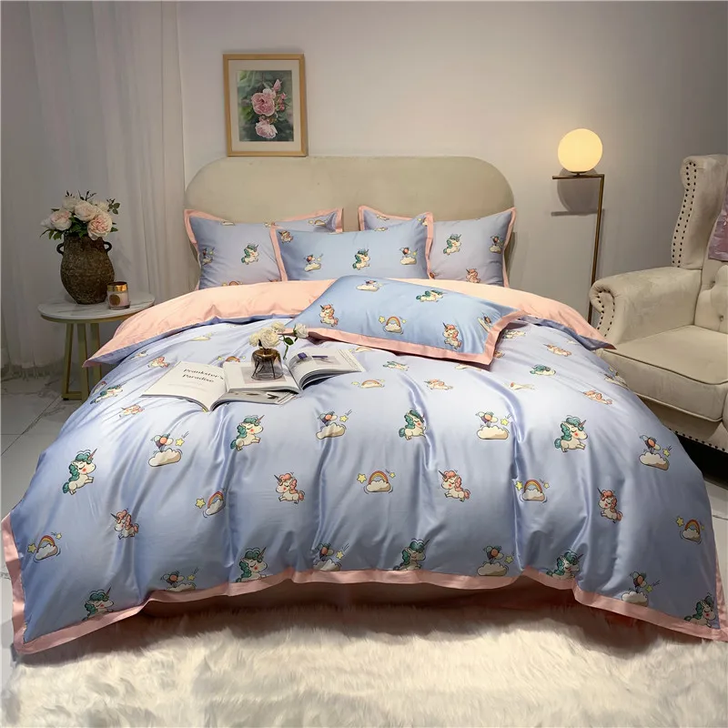 

4Pcs Duvet Cover Bed Sheet 2Pillowcases Luxury Egyptian Cotton Queen King Size Multi-Colored Bedding set with Zipper not Fade