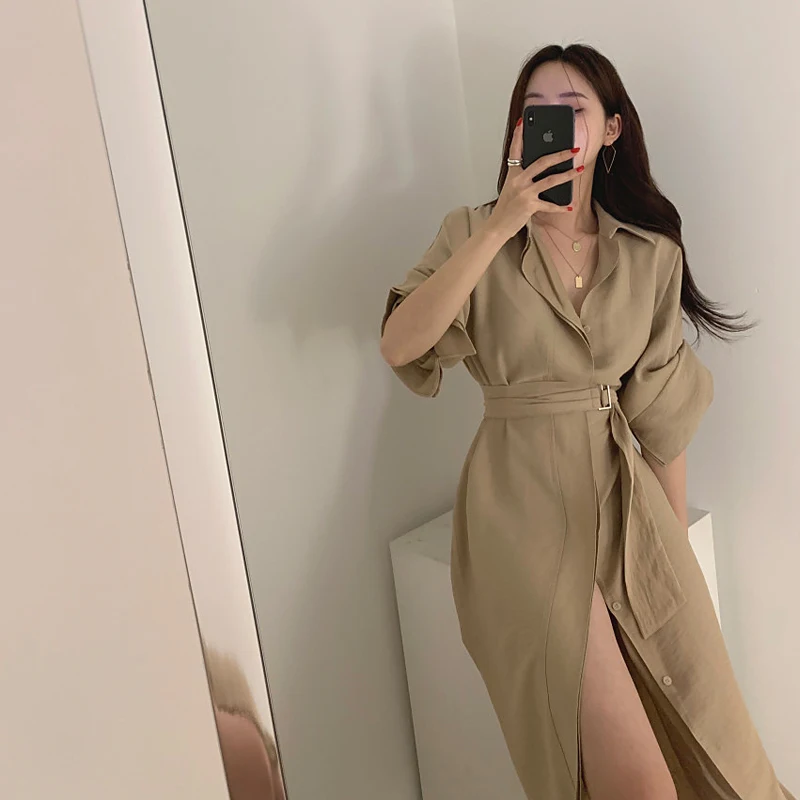 

YAMDI spring summer woman korean 2020 loose dresses party vintage elegant shirt dress women long sleeve a-line belt vestidos new