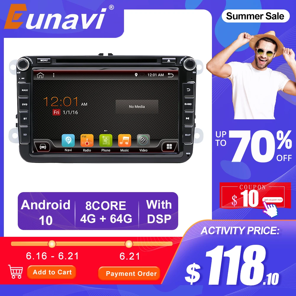 Автомагнитола Eunavi 2 Din Android 10 мультимедийная магнитола для VW Volkswagen Polo Jetta passat b6 b7 cc
