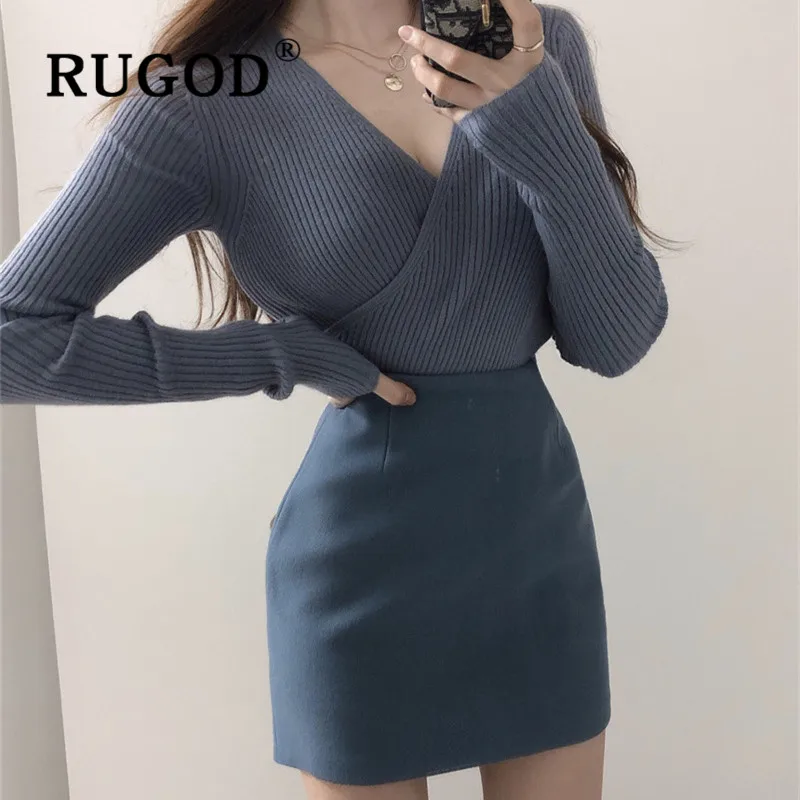 Женский вязаный свитер RUGOD однотонный пуловер с глубоким v-образным вырезом