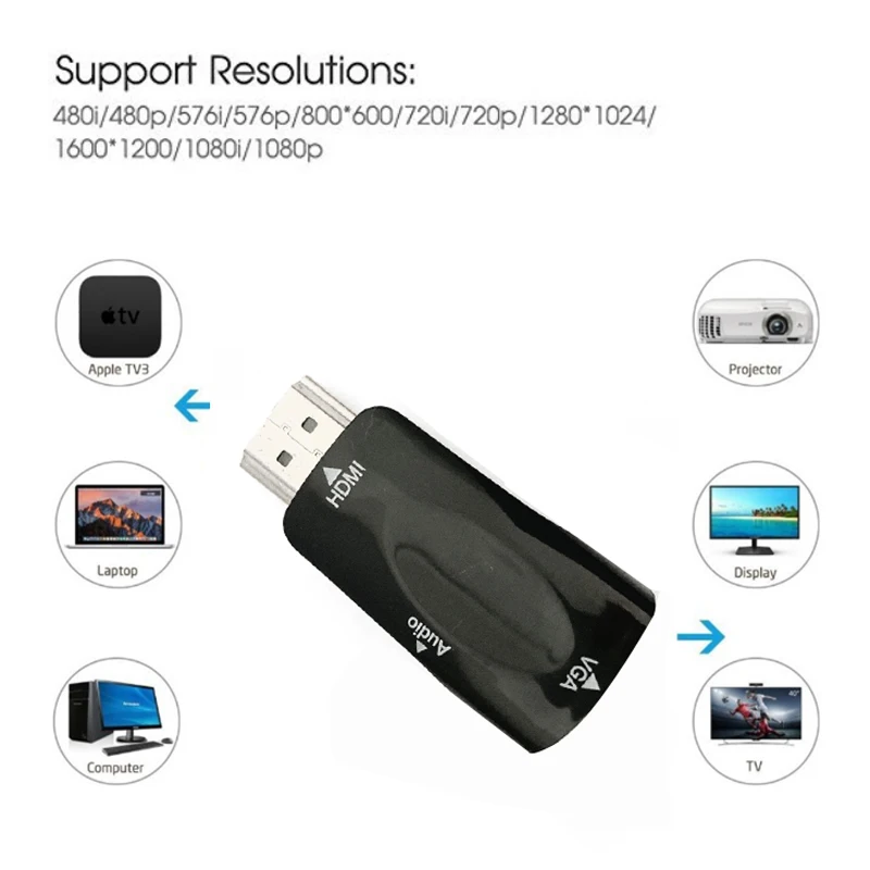 Адаптер HDMI-совместимый с гнездом VGA конвертер аудиокабелем FHD 1080P 720P 480P для ПК