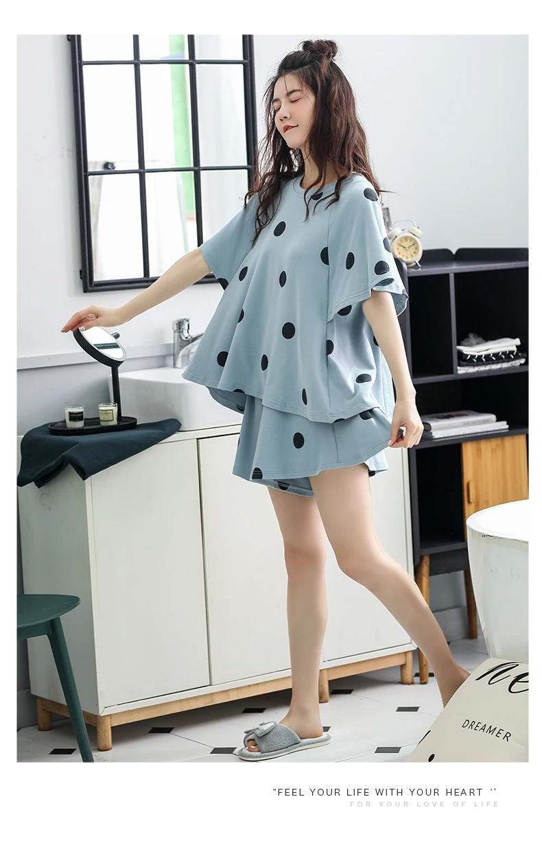 

Пижама женская тонкая из двух предметов, домашняя одежда из молочного хлопка с коротким рукавом, волнистый точечный свободный комплект из д...