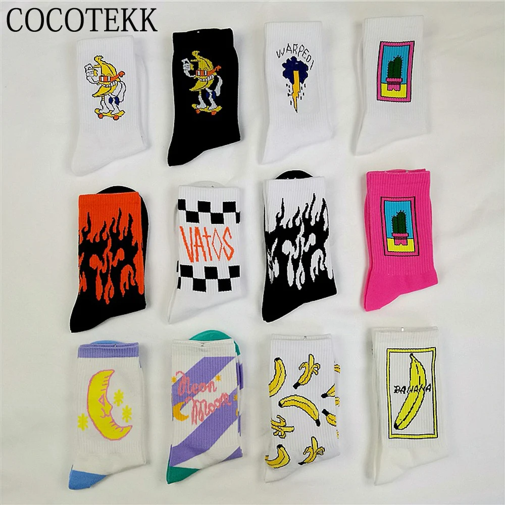 Женские носки модные креативные Мужские Носки с рисунком банана, Луны, кактуса, пламени, уличного тренда, зимние теплые мягкие эластичные носки