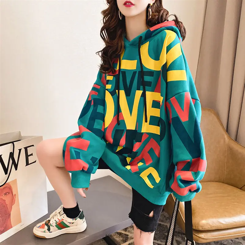

Hoodies Women Printed Velvet Thick Harajuku Streetwear Womens Sweatshirt All-match Daily Casual Fashion wm*