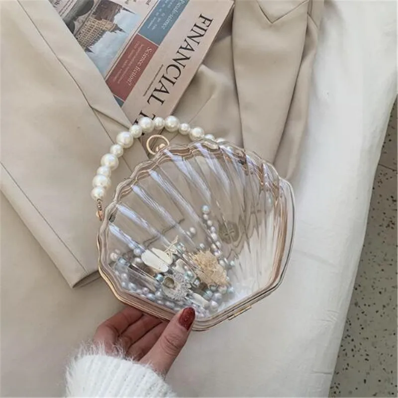 

2021 Women Acrylic Evening Clutch Bags Candy Color Shell Clutch Wallets Transparent Elegant Pearl Chain Cross Body Bags