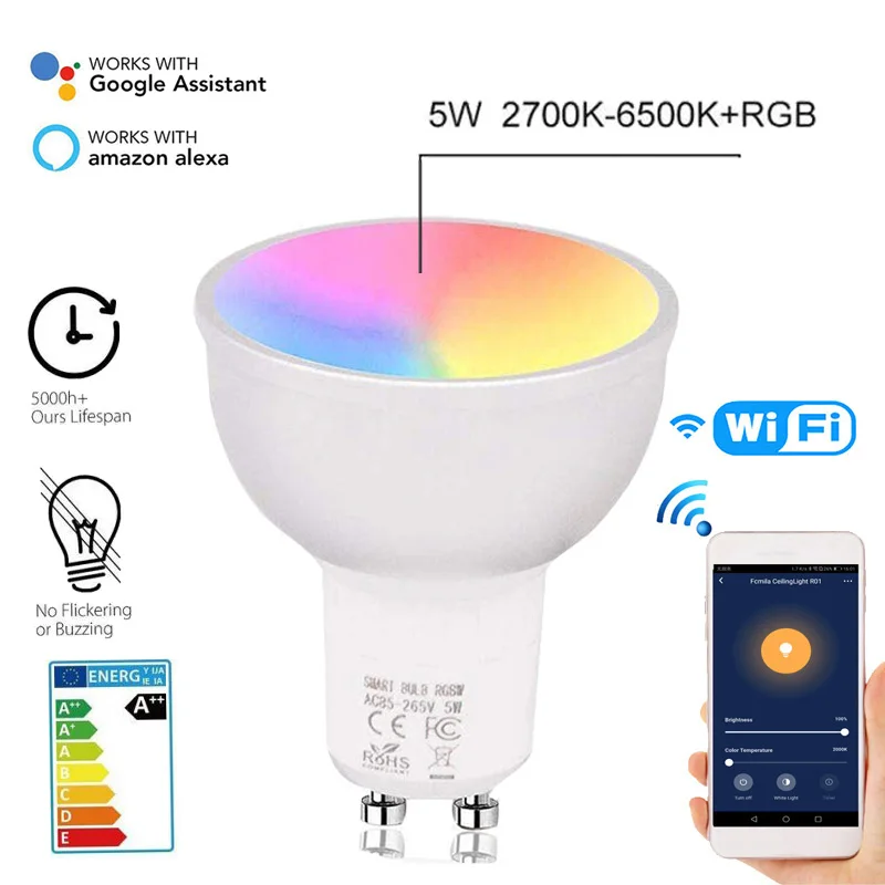 

Multipurpose Smart WiFi LED Bulbs RGBW 5W Lamps GU10 APP Automation Remote Control Dimmable Light Bulbs Work For Smart Home