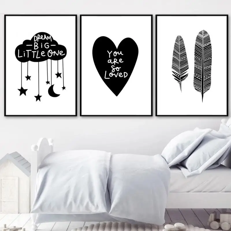 

Black White Cartoon Painting Love Heart Feather Cloud Star Moon Canvas Posters And Prints Wall Art Kids Room Decor Home Decor