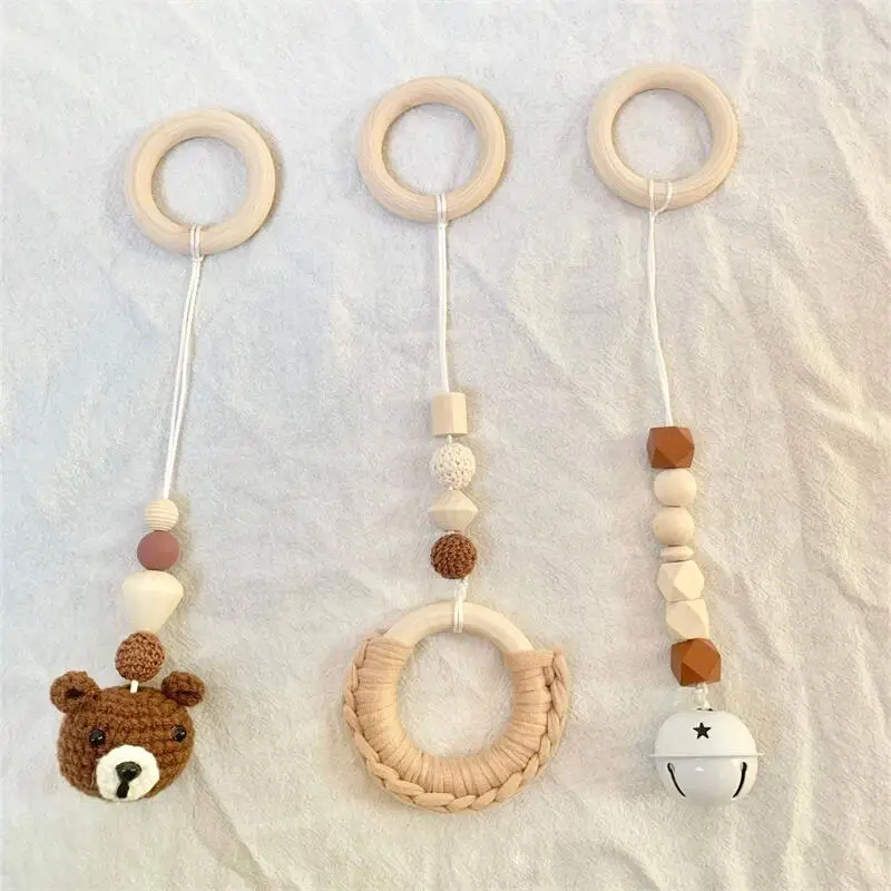 

3pcs/set Wooden Baby Play Gym Newborn Fitness Rack Hanging Pendant Toys Crochet Knitted Rattle Teether Kit Kids Room Decoration