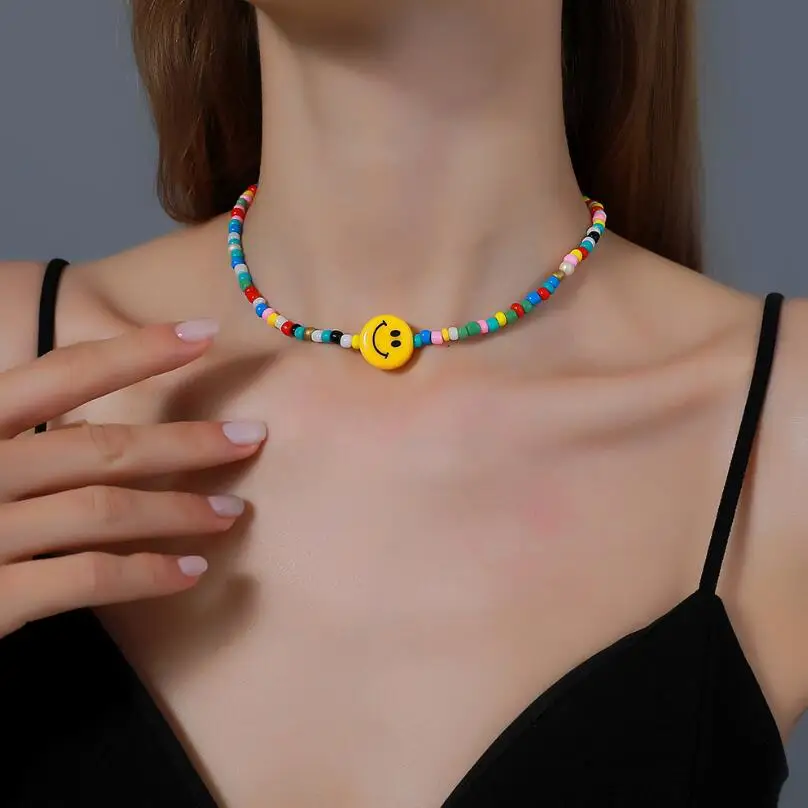 

High Quality 2020 Hot Cool Simple Necklaces Smiley Women Chain Lady Colorful Beads Pendant Girls Jewelry Trendy Korean Collares