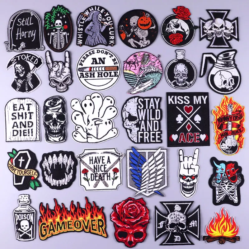 

Flame Embroidery Patches For Clothing Thermoadhesive Patches Rock Skull Letter Patch Stickers Applique Iron On Patches On Clothe