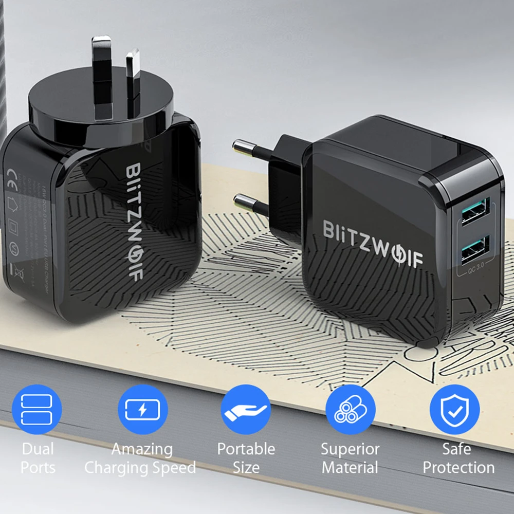 Быстрое зарядное устройство BlitzWolf QC3.0 + 2.4A 18 Вт двойной USB порт мобильный телефон