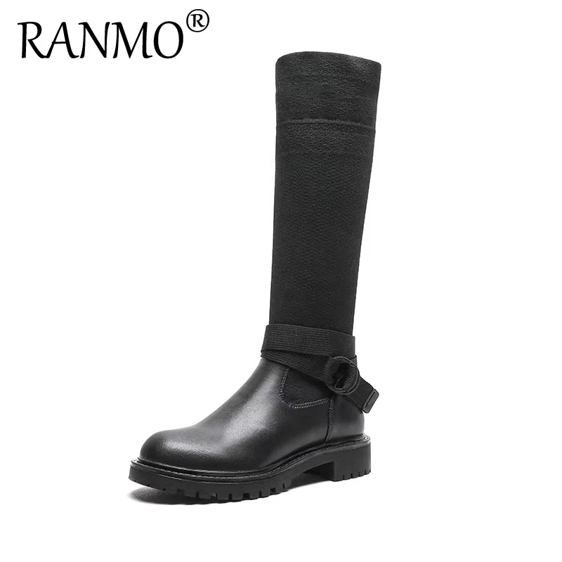 

Mid Calf knight Boots Women Real Leather Boots Round Toe Flat Heel Boot Autumn Winter Women Slip On Comfortable Booties