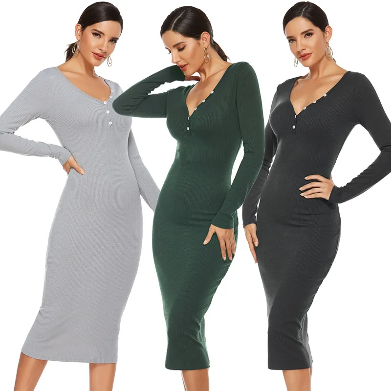 

Women Skinny Knitted Dresses Autumn V-neck Long Sleeve Mid-calf Dress Button Slim Office Lady Pencil Dress Stretch Femme